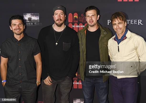 Actors Russell Cummings , Tanner Beard, Ken Luckey, and Crispian Belfrage arrive at the "6 Bullets To Hell" Mobile Game Launch Party on May 10, 2016...