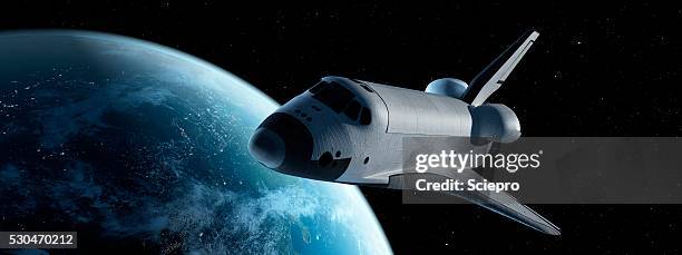 space shuttle in space, illustration - spaceship stock-fotos und bilder
