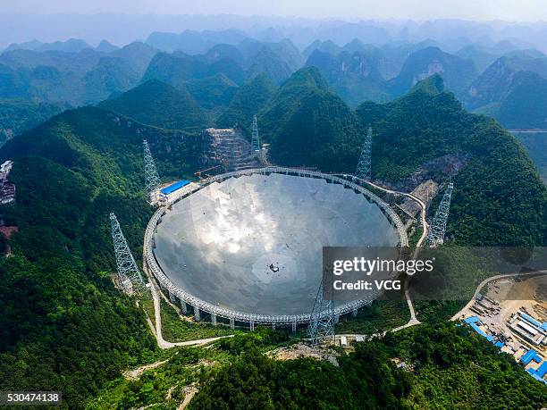 Aerial view of the construction site of a Five-hundred-meter Aperture Spherical Telescope on May 7, 2016 in Pingtang County, Guizhou Province of...