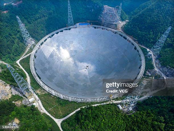 Aerial view of the construction site of a Five-hundred-meter Aperture Spherical Telescope on May 7, 2016 in Pingtang County, Guizhou Province of...