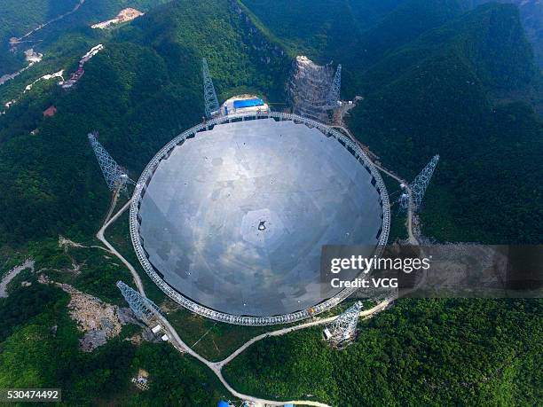 Aerial view of the construction site of a Five-hundred-meter Aperture Spherical Telescope on May 7, 2016 in Pingtang County, Guizhou Province of...