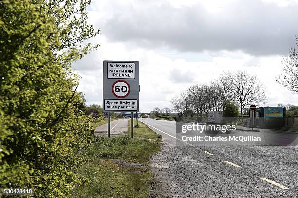 Welcome to Northern Ireland road sign signalling the crossing of the border between north and south can be seen on May 4, 2016 in Ireland. The United...