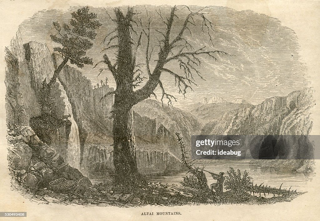 Man Hunting in Altai Mountains of Asia, Antique 1871 Illustration