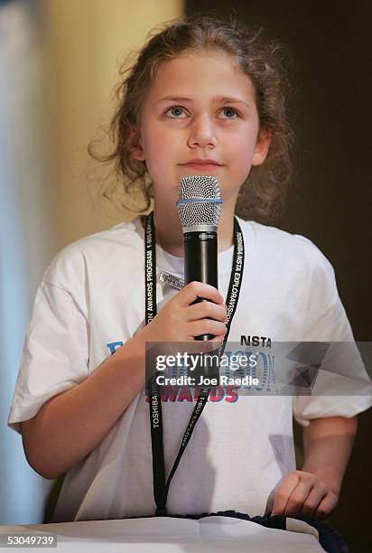 Eight-year-old Rebekah Blatt, of Dardenne Elementary School in O'Fallon, MO, tries to remember the speech she memorized for the Toshiba NSTA...