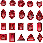 Set of realistic red rubies with different cuts.