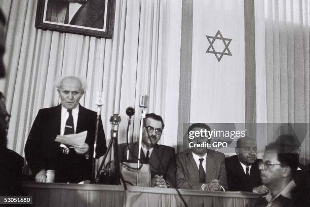 In this handout from the GPO, David Ben Gurion, who was to become Israel's first Prime Minister, reads the Declaration of Independence May 14, 1948...