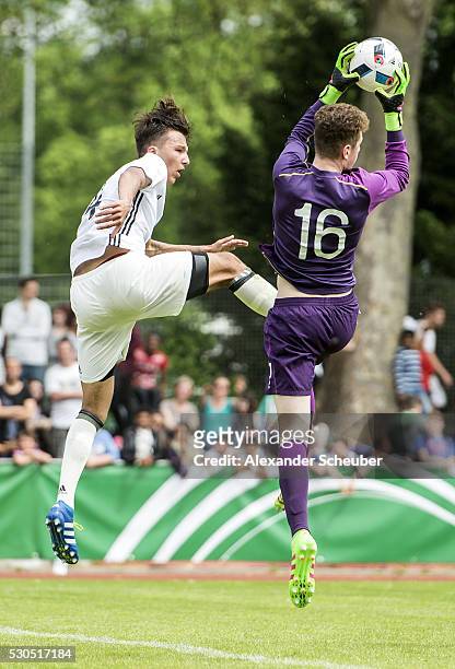 Nino Miotke of Germany challenges Mark Travers of Ireland during the international friendly match between Germany and Ireland on May 11, 2016 in...