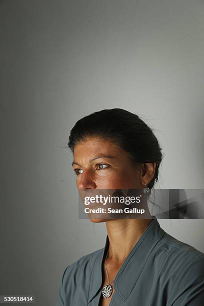 German left-wing politician Sahra Wagenknecht poses for a portrait prior to meeting with foreign journalists on May 11, 2016 in Berlin, Germany....