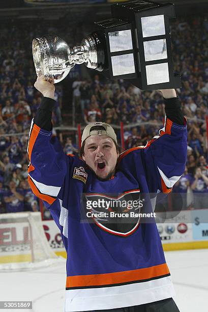 Eric Meloche of the Philadelphia Phantoms celebrates the Phantoms 5-2 Calder Cup win over the Chicago Wolves at the Wachovia Center on June 10, 2005...
