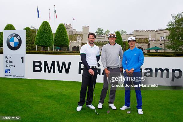 European Tour golfer Thorbjorn Olesen , Trick Shot expert Romain Bechu and England & Northampton Saints rugby player Ben Foden pose for a photo ahead...