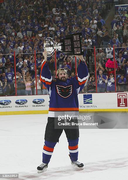 Jon Sim of the Philadelphia Phantoms with the Calder Cup after the Phantoms defeated the Chicago Wolves 5-2 to sweep the series at the Wachovia...