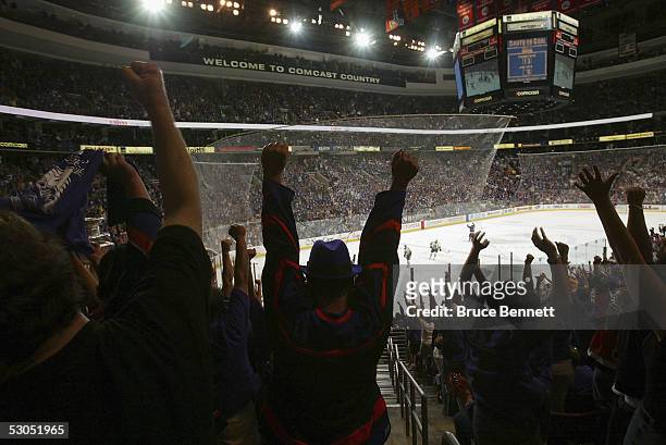Philadelphia Phantoms fans support their team during game four of the Calder Cup Championship where the Phantoms defeated the Wolves 5-2 to sweep the...