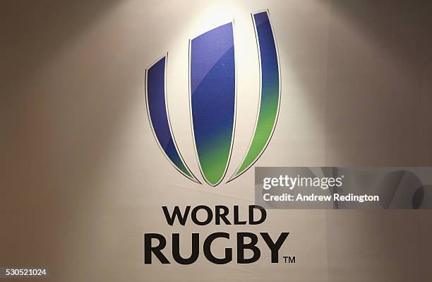 The World Rugby logo is pictured during a media conference to introduce the new World Rugby Chairman and Vice-Chairman on May 11, 2016 in Dublin,...