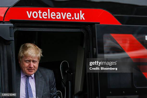 Boris Johnson, the former mayor of London, arrives at the St Austell Brewery during the first day of a nationwide bus tour to campaign for a...