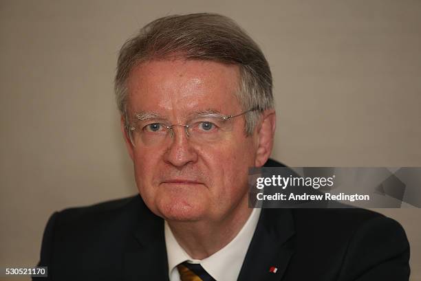 Bernard Lapasset, the outgoing Chairman of World Rugby, is pictured during a media conference to introduce the new World Rugby Chairman and...