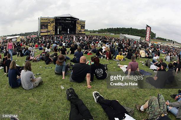 Crowd shot and main stage are seen on day one of this year's Download Festival at Donington Park, Castle Donington on June 10, 2005 in...