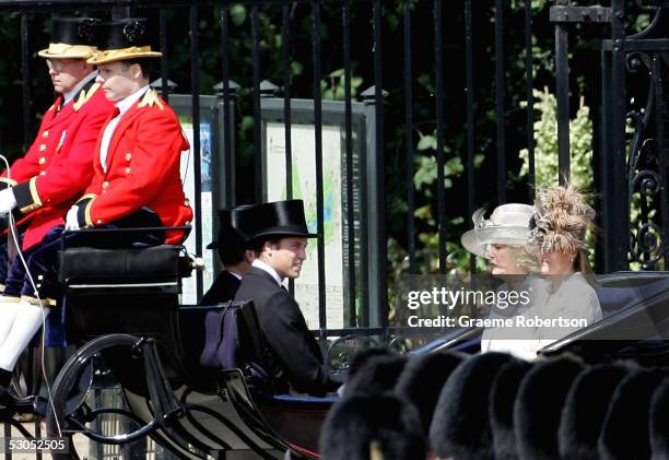 Prince William, Camilla Duchess of Cornwall and Sophie Rhys-Jones arrive arrive at the trooping of The Queen's Colour of First Battalion Grenadier...