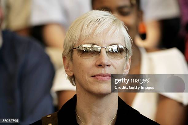 Artist Annie Lennox pose attends a photocall ahead of tonight's "46664 Arctic" concert, at the Rica Hotel on June 11, 2005 in Tromso, Norway. The...