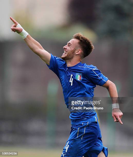 Alessandro Bordin of Italy celebrates after scoring the opening goal during the U18 international friendly match between Italy and Romania on May 11,...