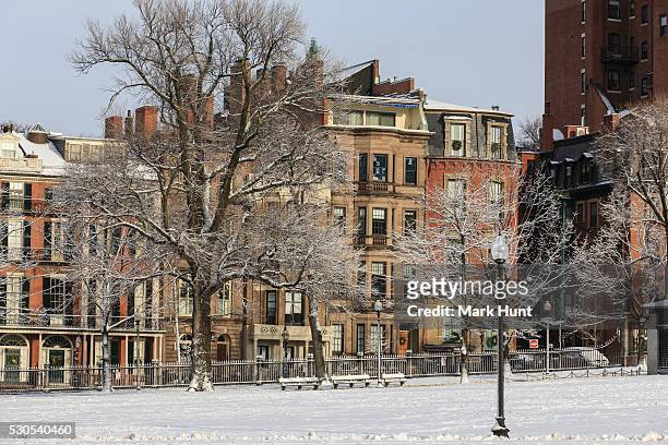 snow covered park after a snow storm, boston common, beacon street, beacon hill, boston, suffolk county, massachusetts, usa - beacon hill park stock pictures, royalty-free photos & images