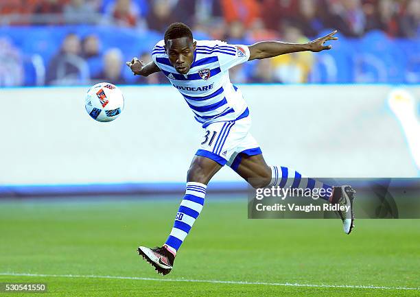 Fabian Castillo of FC Dallas heads the ball back to his keeper during the first half of an MLS soccer game against Toronto FC at BMO Field on May 7,...