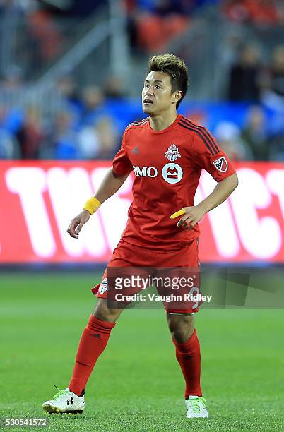 Tsubasa Endoh of Toronto FC watches a shot at goal during the first half of an MLS soccer game against FC Dallas at BMO Field on May 7, 2016 in...