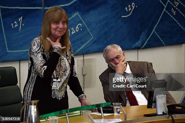 Labour leader Jeremy Corbyn listens as Hillsborough Family Support Group chairwoman, Margaret Aspinall, who lost her son James in the Hillsborough...