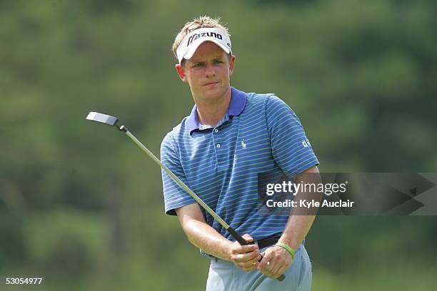 Luke Donald watches his putt at the 15th hole during the third round of the Booz Allen Classic on June 11, 2005 at Congressional Country Club in...