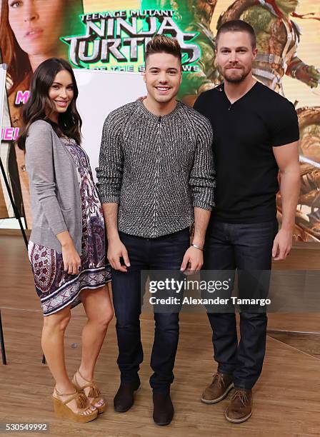 Megan Fox, William Valdes and Stephen Amell are seen on the set of Univision's morning show 'Despierta America' to promote the film 'Teenage Mutant...