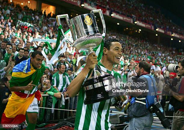 Ricardo Oliveira of Real Betis celebrates with the Kings Cup trophy after his team defeated Osasuna 2-1 in the final on June 11, 2005 at the Calderon...