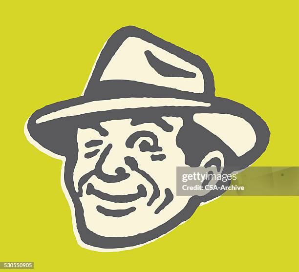 ilustraciones, imágenes clip art, dibujos animados e iconos de stock de guiñar el ojo hombre usando sombrero fedora - sombrero fedora