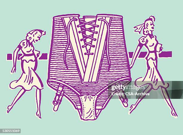 two women and a laced girdle - girdle stock illustrations