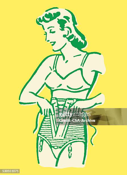 illustrations, cliparts, dessins animés et icônes de femme mettant sur gaine - women in girdles