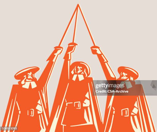 stockillustraties, clipart, cartoons en iconen met three musketeers raising swords - drie personen