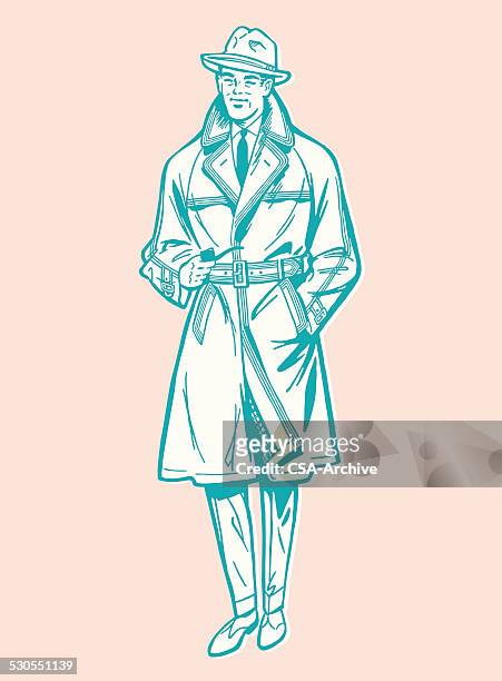 man wearing hat and trench coat - trench coat stock illustrations