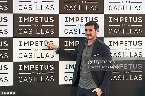 Spanish goalkeeper Iker Casillas presents "Impetus Team Casillas" collection at the COAM on May 11, 2016 in Madrid, Spain.