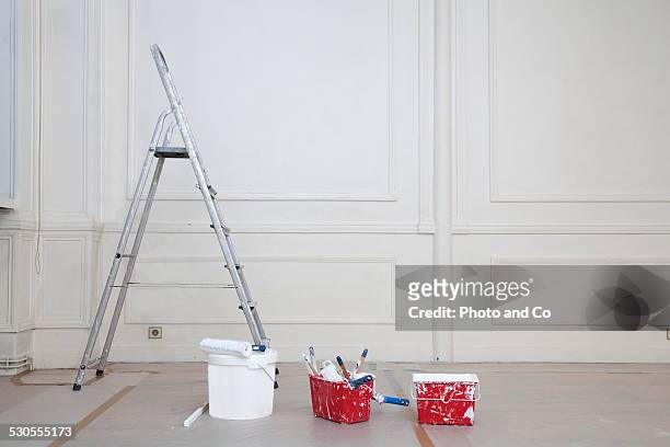 step ladder paint roller and brush and paint can - white paint roller stock pictures, royalty-free photos & images