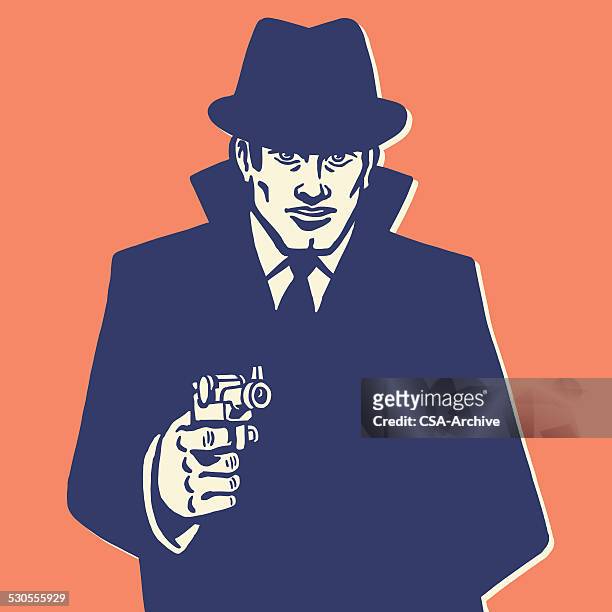 man in hat pointing gun - trench coat stock illustrations