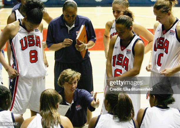 Head coach Gail Goestenkors of USA directs her team in a timeout against Russia during the gold medal match at 2005 International Sports Invitational...