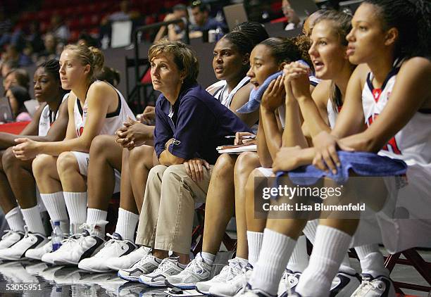 Head coach Gail Goestenkors of USA sits with her team during the gold medal match against Russia at the 2005 International Sports Invitational at Cox...