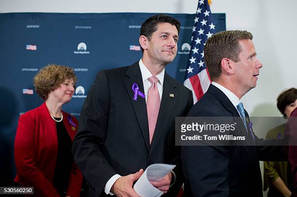 Speaker Paul D. Ryan, R-Wis., center, Reps. Susan Brooks, R-Ind., and Bob Dold, R-Ill., leave a news conference in the Capitol after a meeting of the...