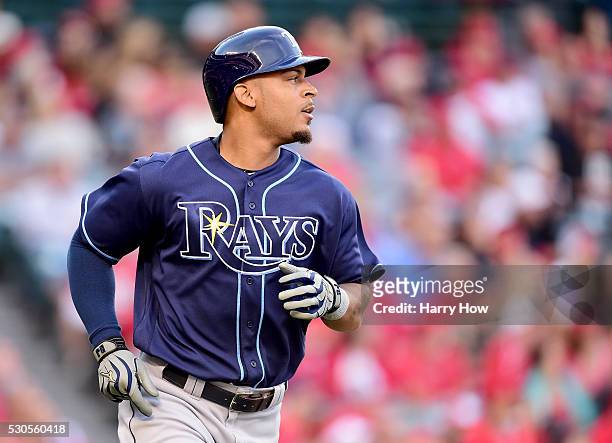 Desmond Jennings of the Tampa Bay Rays watches his fly ball during the game against the Los Angeles Angels at Angel Stadium of Anaheim on May 07,...