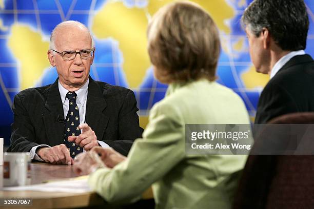 Columnist David Broder of the Washington Post speaks on NBC's 'Meet the Press' June 12, 2005 during a taping at the NBC studios in Washington, DC....