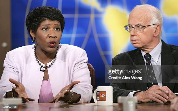 Gwen Ifill, anchor of PBS's "Washington Week," speaks as Columnist David Broder of the Washington Post looks on during a taping of NBC's 'Meet the...