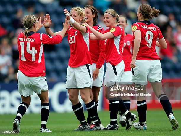 Lise Klaveness of Norway celebrates the fifth goal during the Women's UEFA European Championship 2005 Group B match between Norway and Italy at...