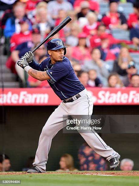 Desmond Jennings of the Tampa Bay Rays at bat during the game against the Los Angeles Angels at Angel Stadium of Anaheim on May 07, 2016 in Anaheim,...