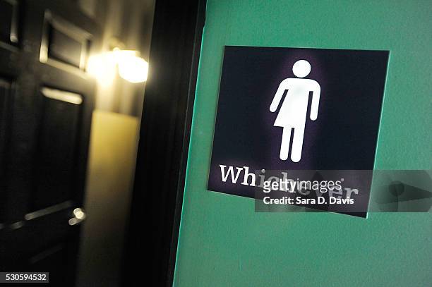 Gender neutral sign is posted outside a bathrooms at Oval Park Grill on May 11, 2016 in Durham, North Carolina. Debate over transgender bathroom...