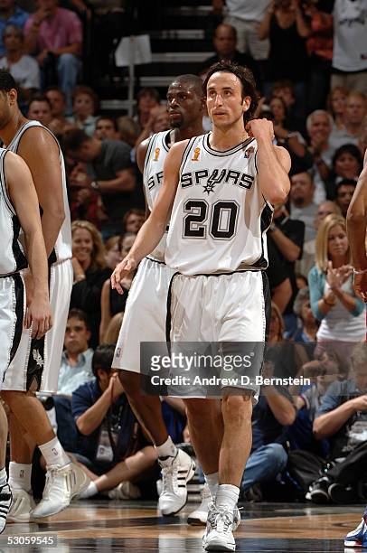 Manu Ginobili of the San Antonio Spurs celebrates against the Detroit Pistons in Game two of the 2005 NBA Finals on June 12, 2005 at the SBC Center...