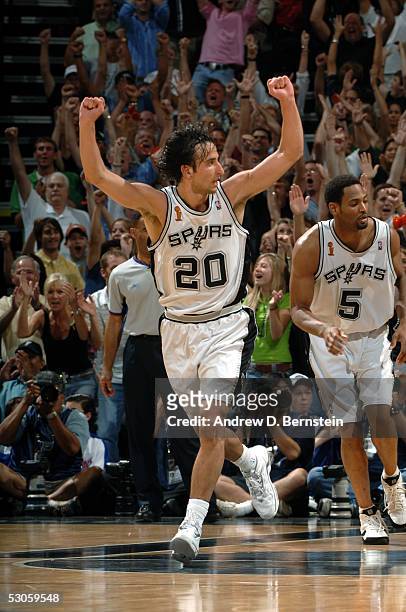 Manu Ginobili of the San Antonio Spurs celebrates against the Detroit Pistons in Game two of the 2005 NBA Finals on June 12, 2005 at the SBC Center...