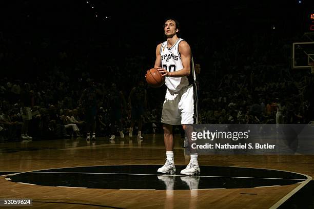 Manu Ginobili of the San Antonio Spurs at the foul line against the Detroit Pistons in Game two of the 2005 NBA Finals on June 12, 2005 at the SBC...